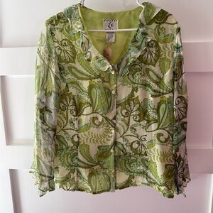 Vintage ICE Lightweight Green Paisley Button-Front Silk Beaded Blouse